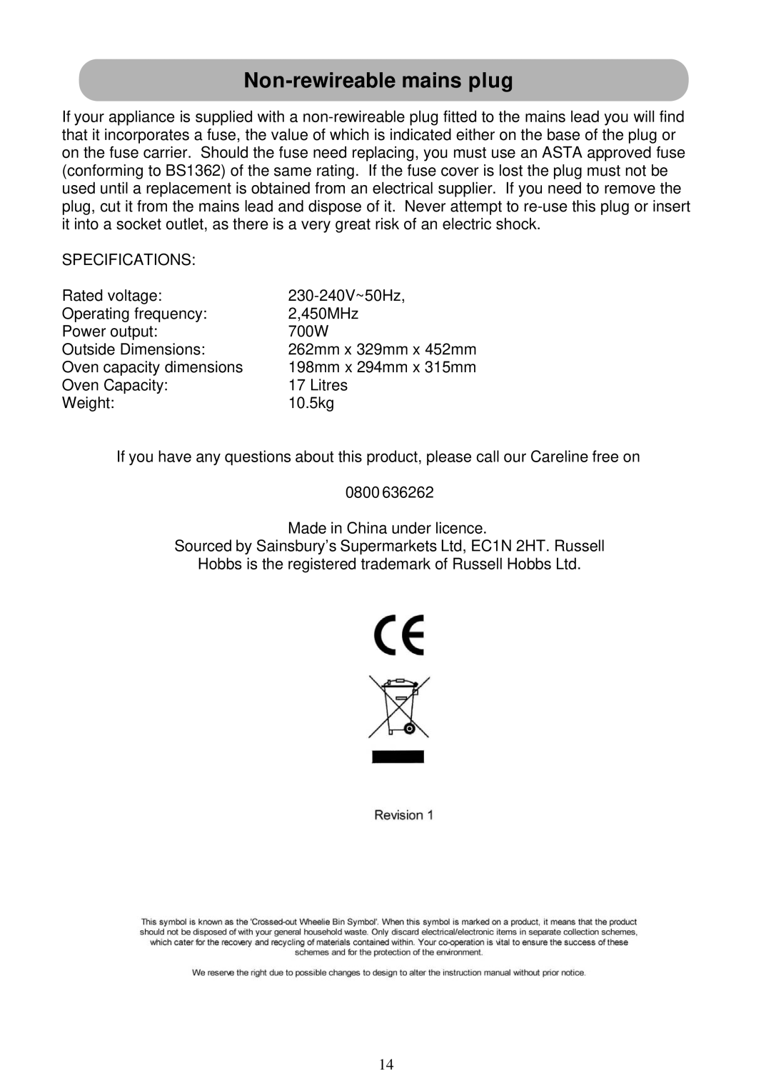 Russell Hobbs RHM1719B user manual Non-rewireable mains plug, Specifications 