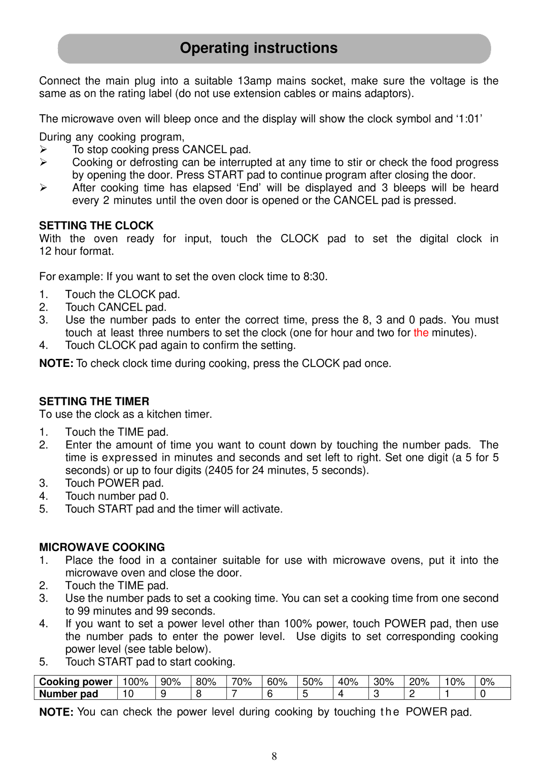 Russell Hobbs RHM1719B user manual Operating instructions, Setting the Clock, Setting the Timer, Microwave Cooking 