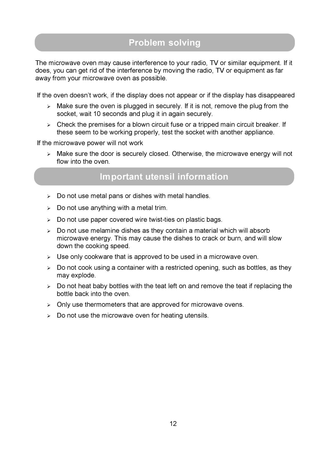 Russell Hobbs RHM2009S user manual Problem solving, Important utensil information 