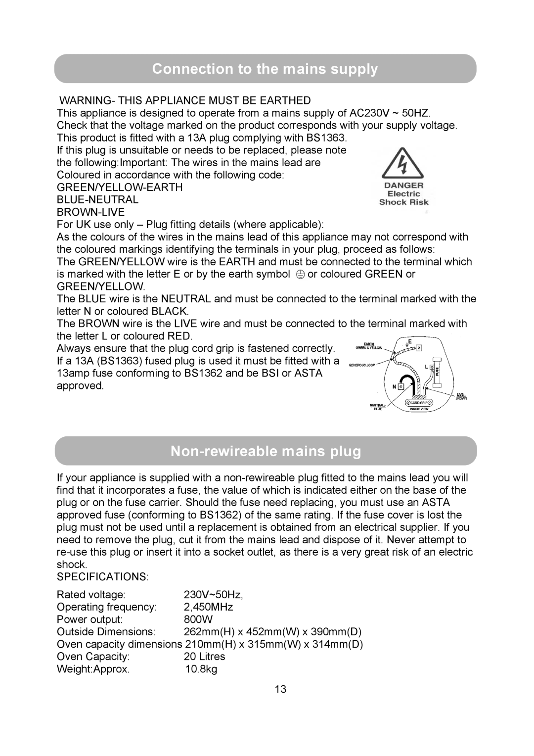 Russell Hobbs RHM2009S user manual Connection to the mains supply, Non-rewireable mains plug 