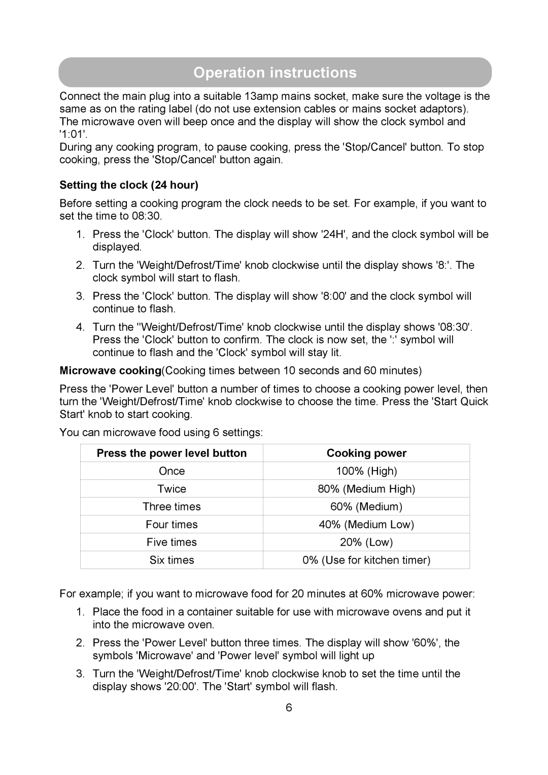 Russell Hobbs RHM2010S Operation instructions, Setting the clock 24 hour, Press the power level button Cooking power 