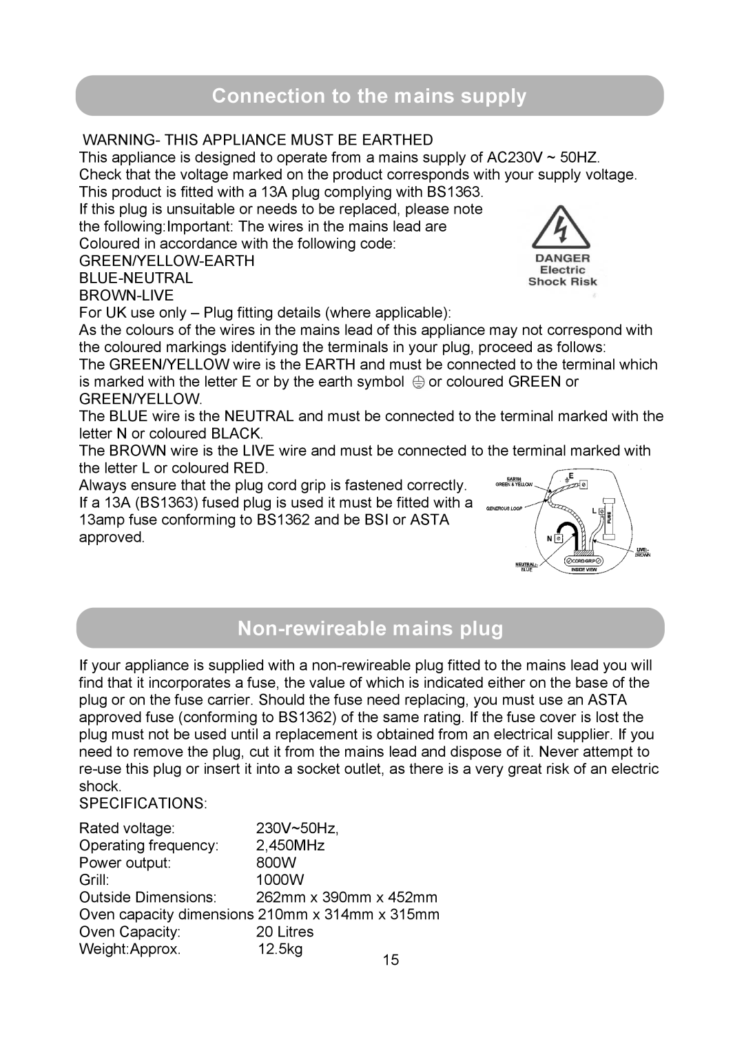 Russell Hobbs RHM2010S instruction manual Connection to the mains supply, Non-rewireablemains plug 