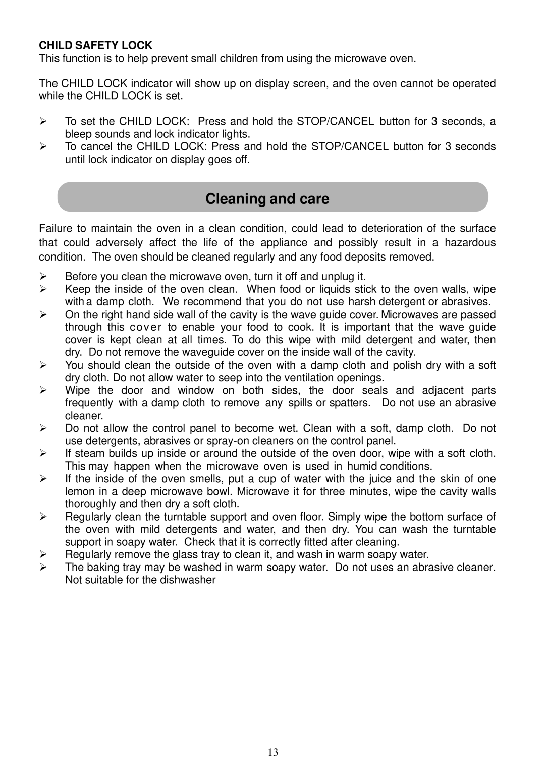 Russell Hobbs RHM2011 user manual Cleaning and care, Child Safety Lock 