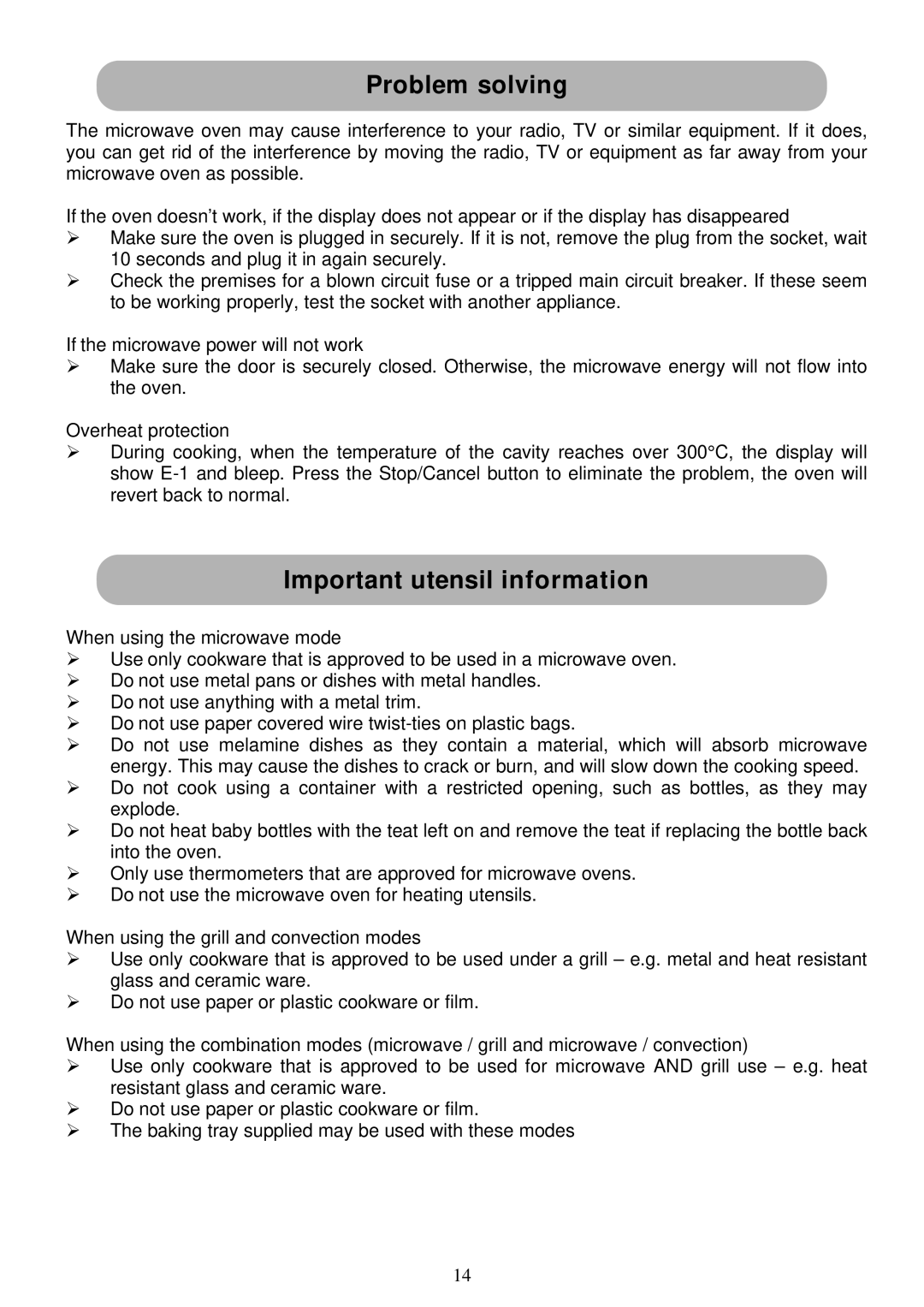 Russell Hobbs RHM2011 user manual Problem solving, Important utensil information 