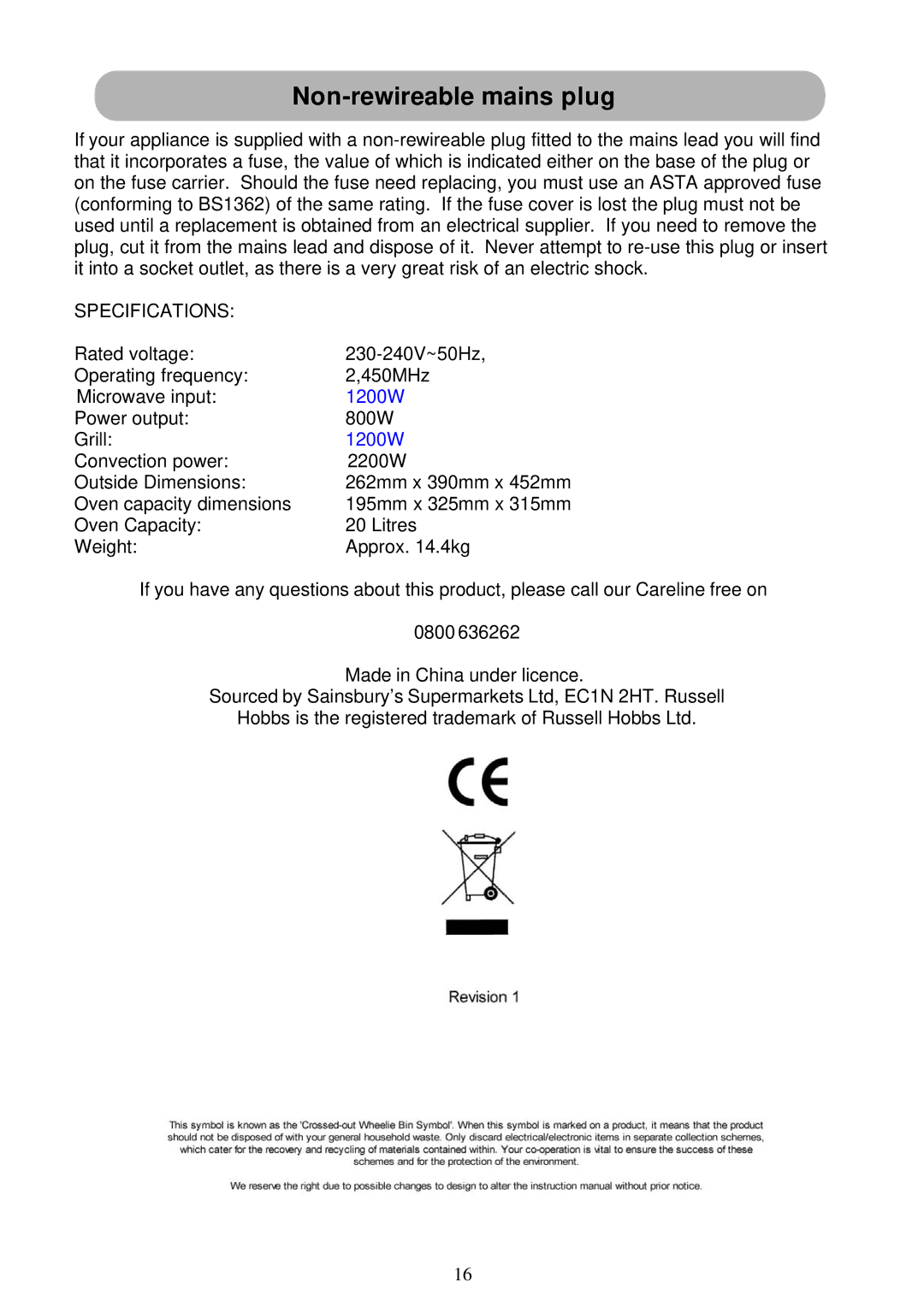 Russell Hobbs RHM2011 user manual Non-rewireable mains plug, Specifications 