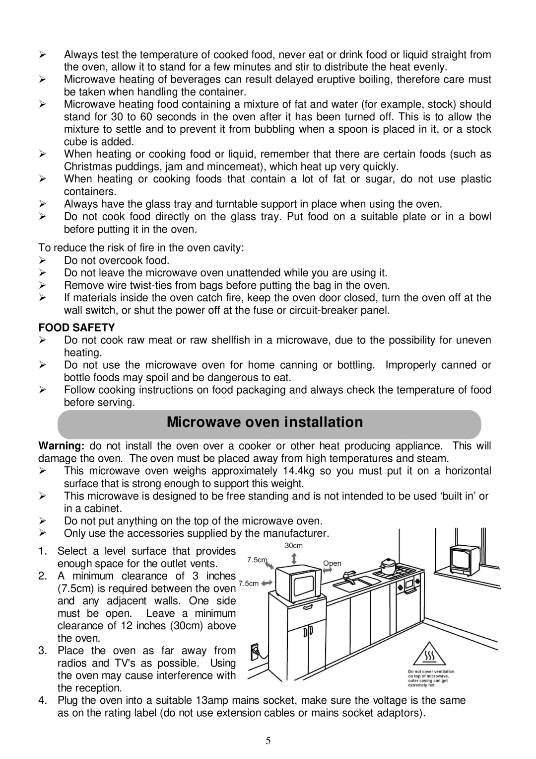 Russell Hobbs RHM2011 user manual Microwave oven installation, Food Safety 