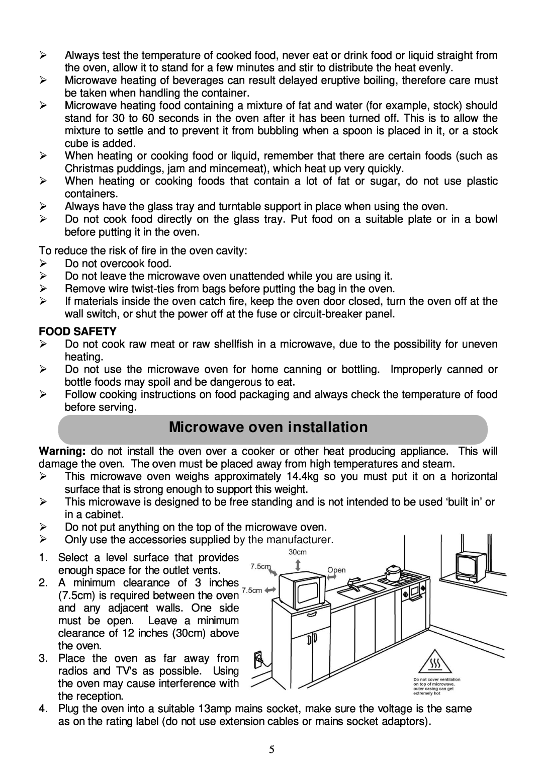 Russell Hobbs RHM2011 user manual Microwave oven installation, Food Safety 