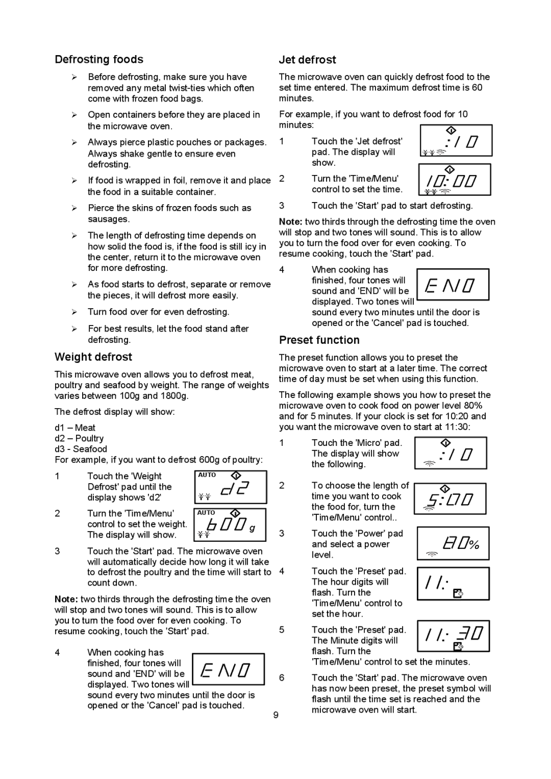 Russell Hobbs RHM2013 user manual Defrosting foods Jet defrost, Weight defrost, Preset function 