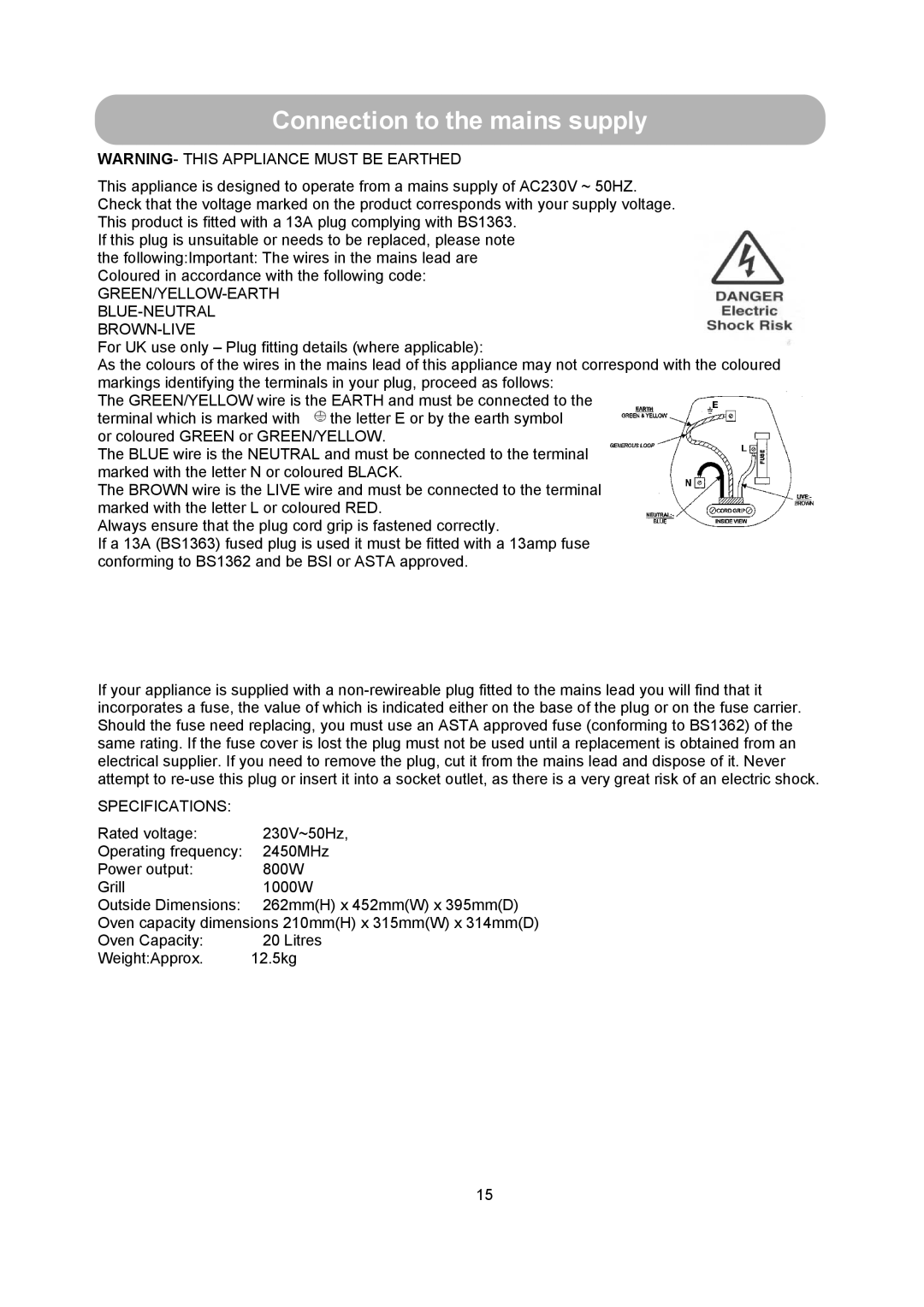 Russell Hobbs RHM2013 user manual Connection to the mains supply, Green/Yellow-Earth Blue-Neutral Brown-Live 