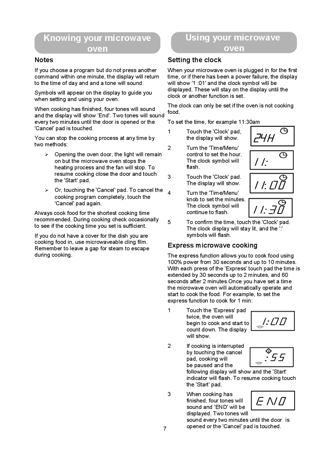 Russell Hobbs RHM2013 Knowing your microwave Oven, Using your microwave oven, Setting the clock, Express microwave cooking 