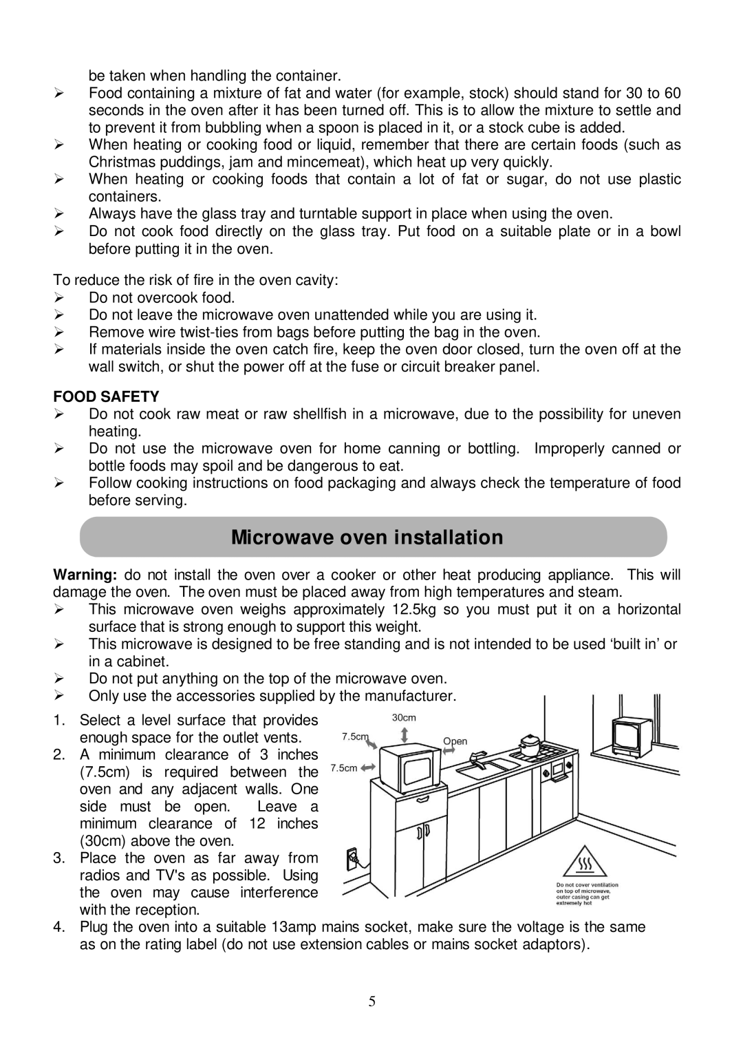 Russell Hobbs RHM2015 user manual Microwave oven installation, Food Safety 