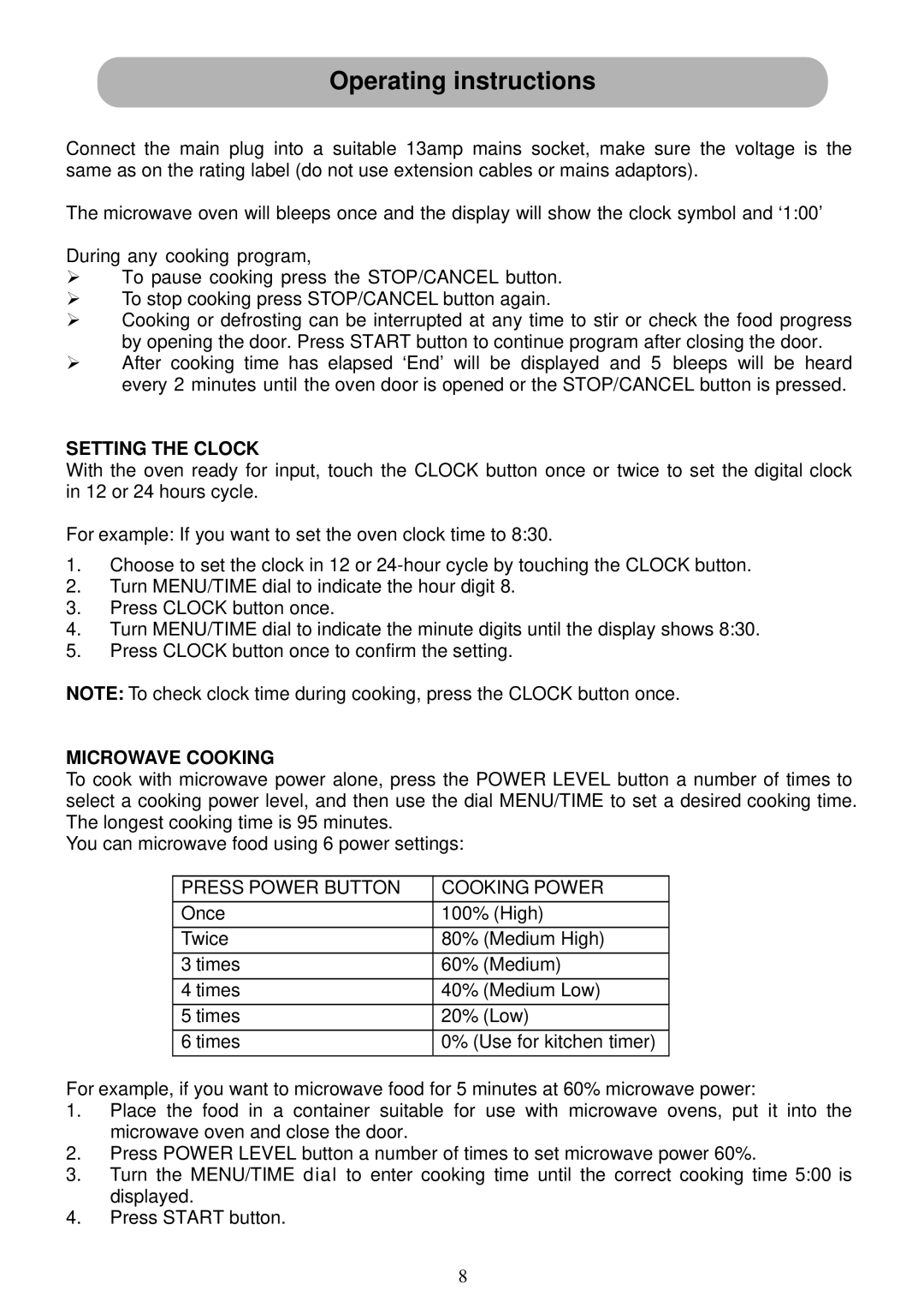 Russell Hobbs RHM2015 Operating instructions, Setting the Clock, Microwave Cooking, Press Power Button Cooking Power 