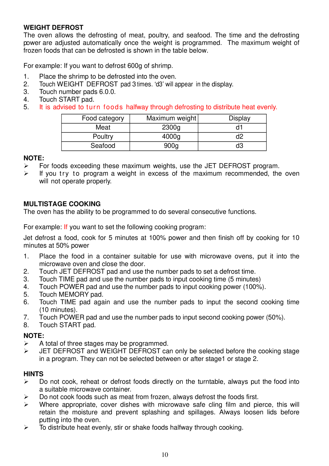 Russell Hobbs RHM2016 user manual Multistage Cooking, Hints 