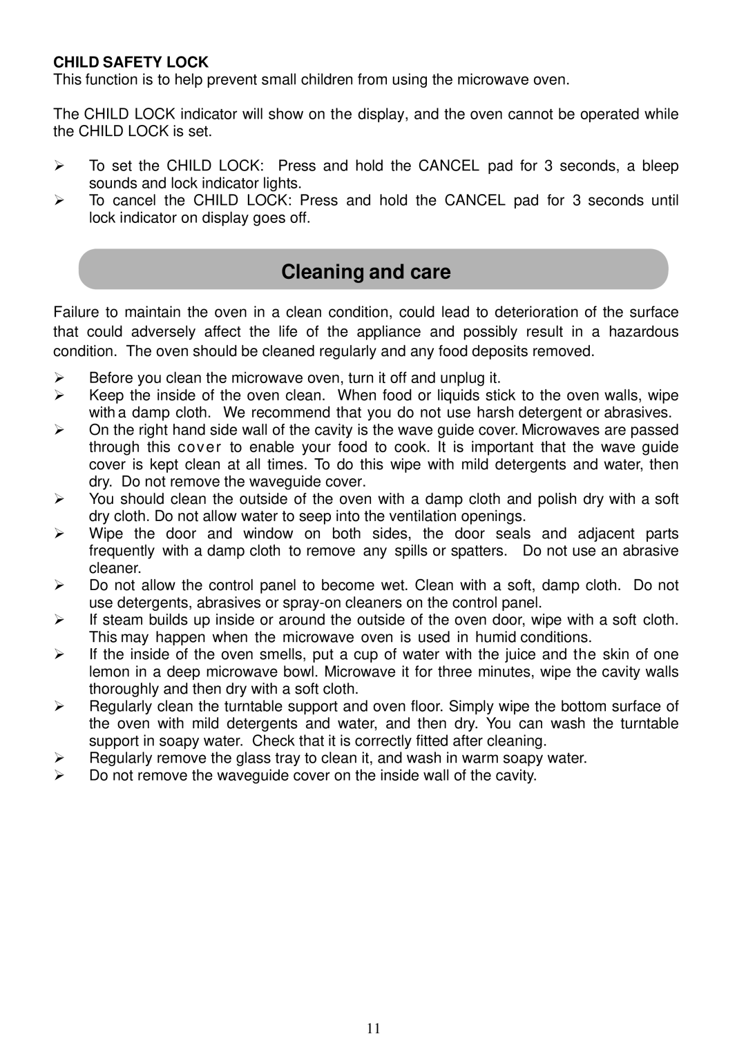 Russell Hobbs RHM2016 user manual Cleaning and care, Child Safety Lock 