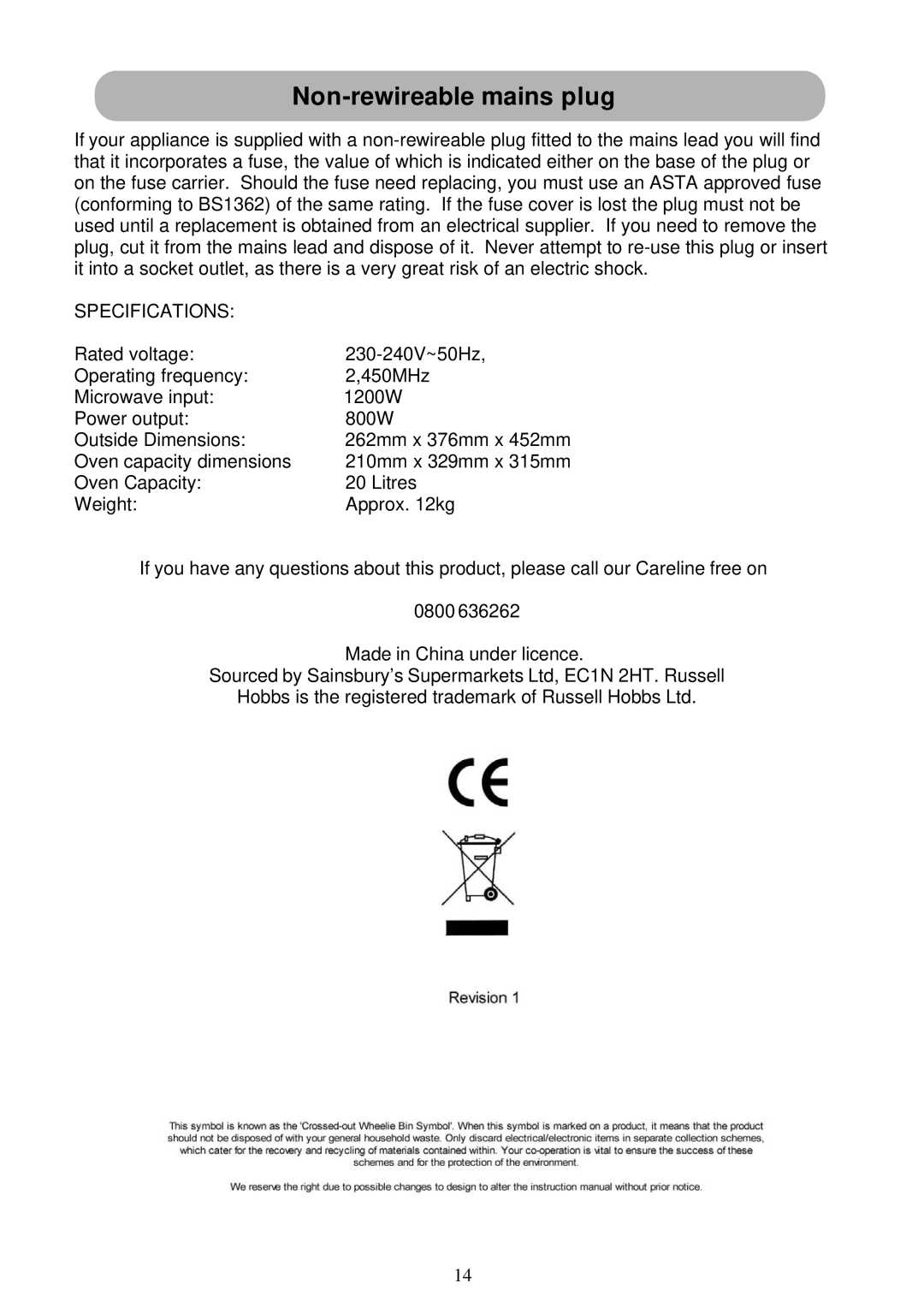 Russell Hobbs RHM2016 user manual Non-rewireable mains plug, Specifications 