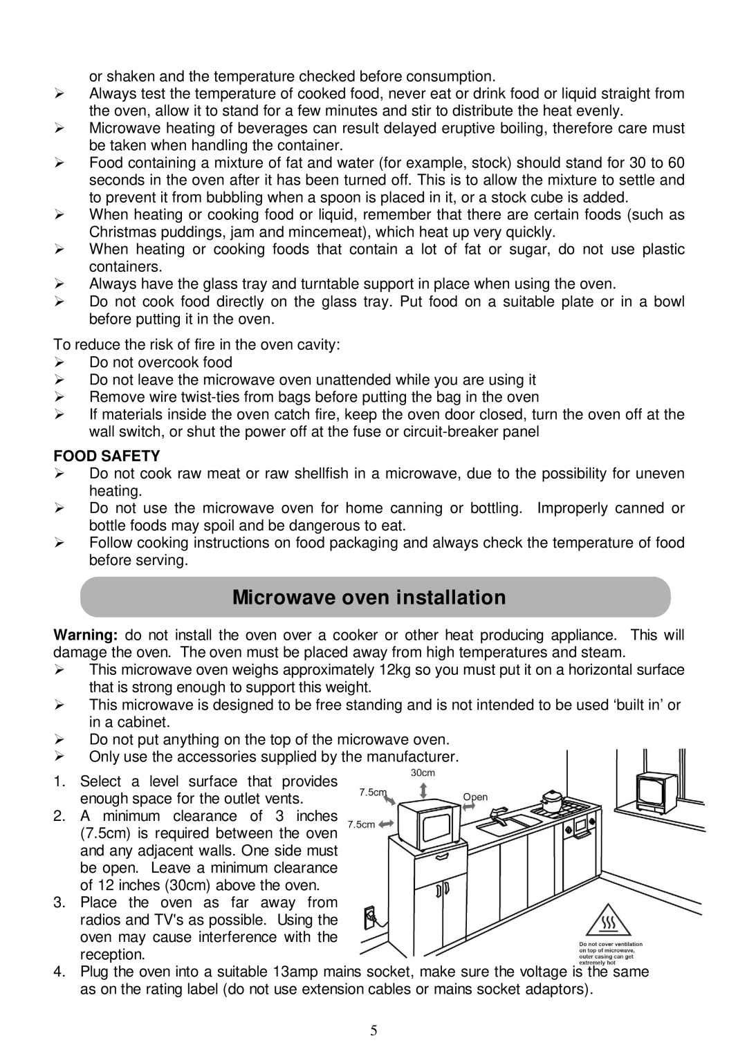 Russell Hobbs RHM2016 user manual Microwave oven installation, Food Safety 