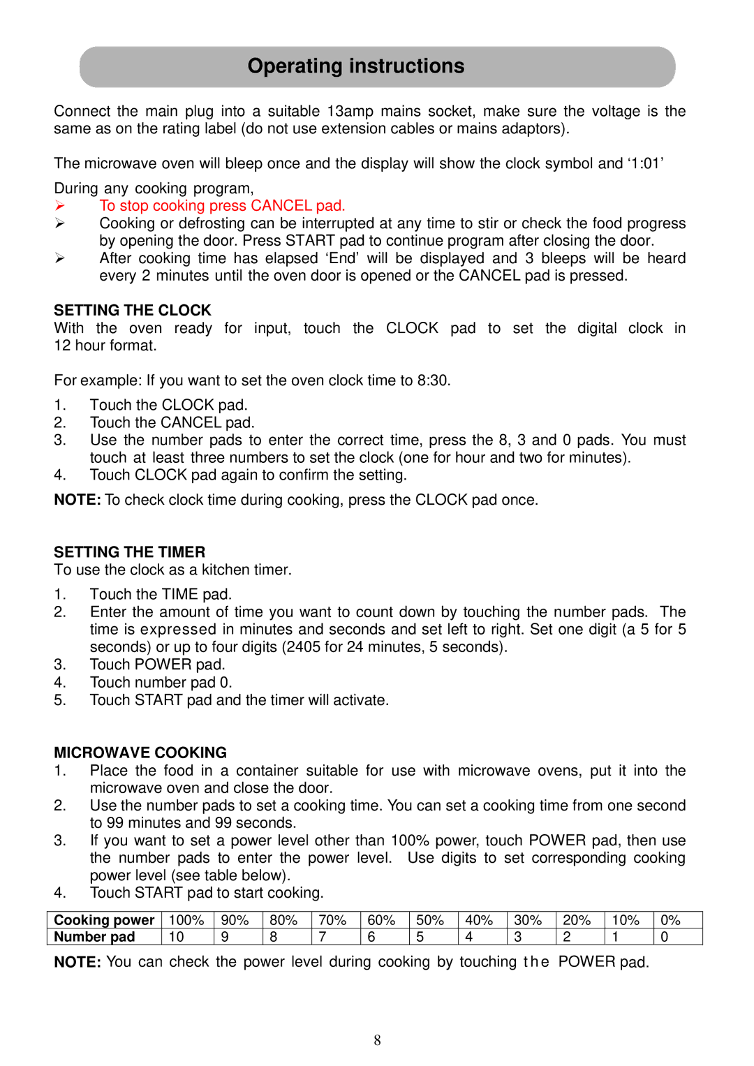 Russell Hobbs RHM2016 user manual Operating instructions, Setting the Clock, Setting the Timer, Microwave Cooking 