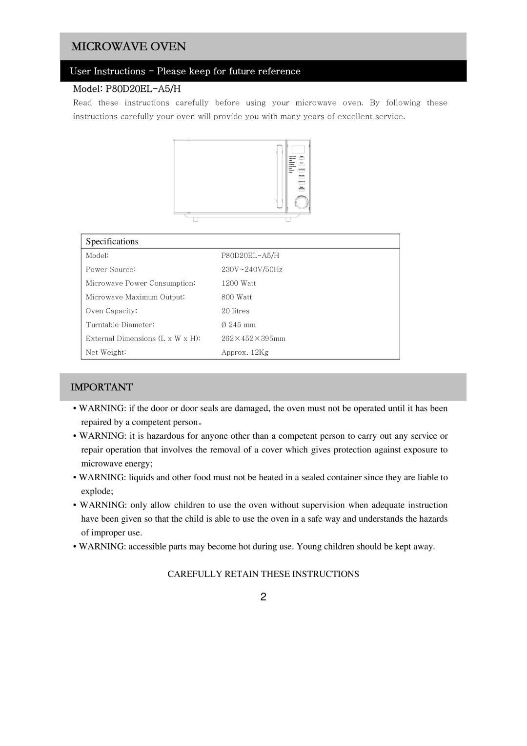 Russell Hobbs RHM2017 user manual Microwave Oven 