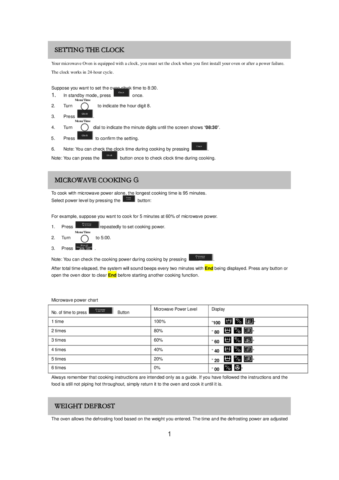 Russell Hobbs RHM2018 user manual Setting the Clock, Microwave Cooking, Weight Defrost 