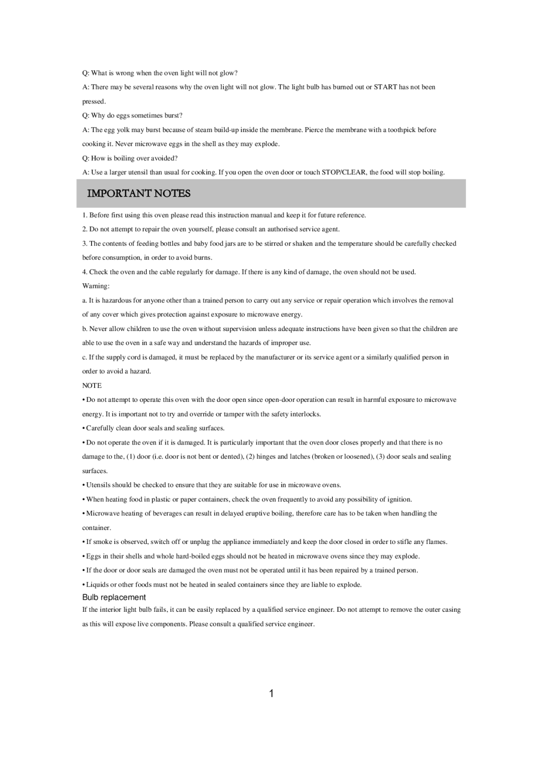 Russell Hobbs RHM2018 user manual Important Notes, Bulb replacement 