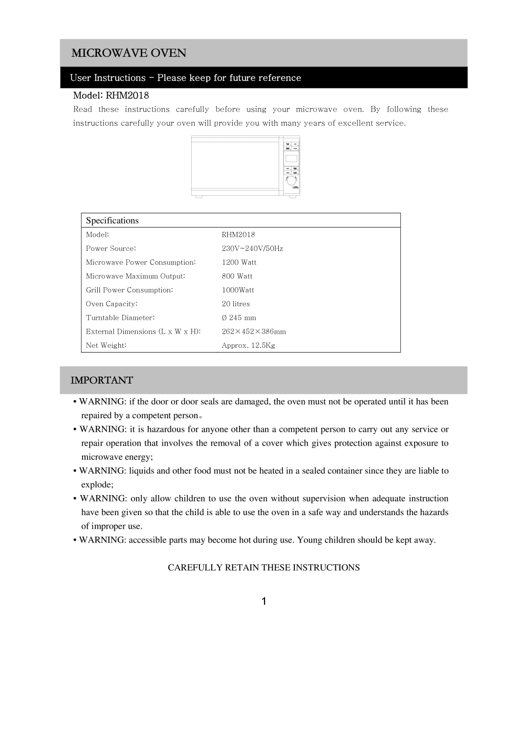 Russell Hobbs RHM2018 user manual Microwave Oven 