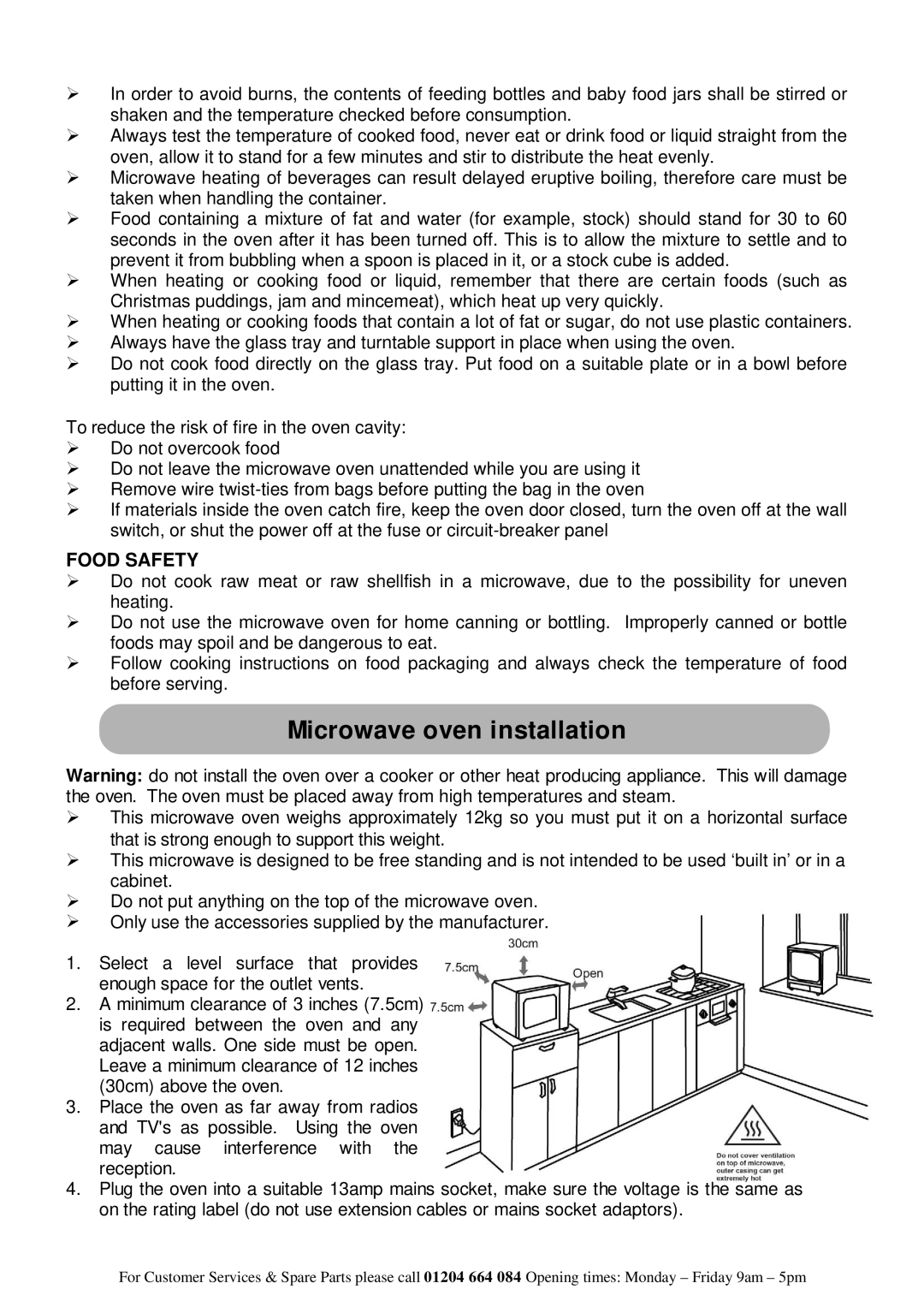 Russell Hobbs RHM2030 instruction manual Microwave oven installation, Food Safety 