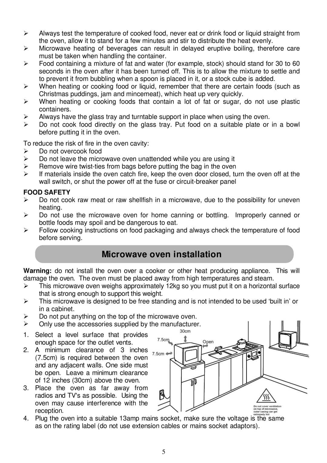 Russell Hobbs RHM2031 user manual Microwave oven installation, Food Safety 