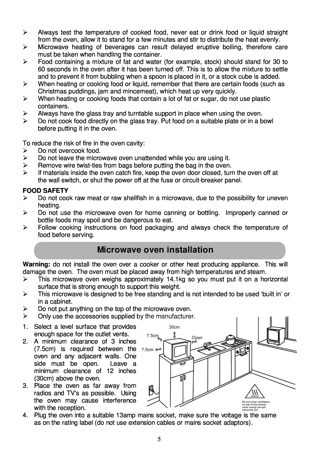Russell Hobbs RHM2305 user manual Microwave oven installation, Food Safety 