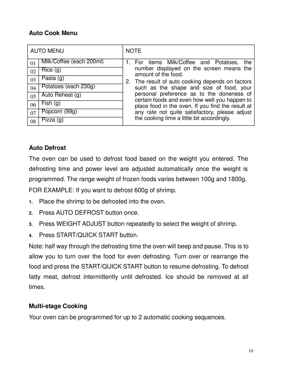 Russell Hobbs RHM2306 user manual Auto Cook Menu, Auto Defrost, Multi-stage Cooking 