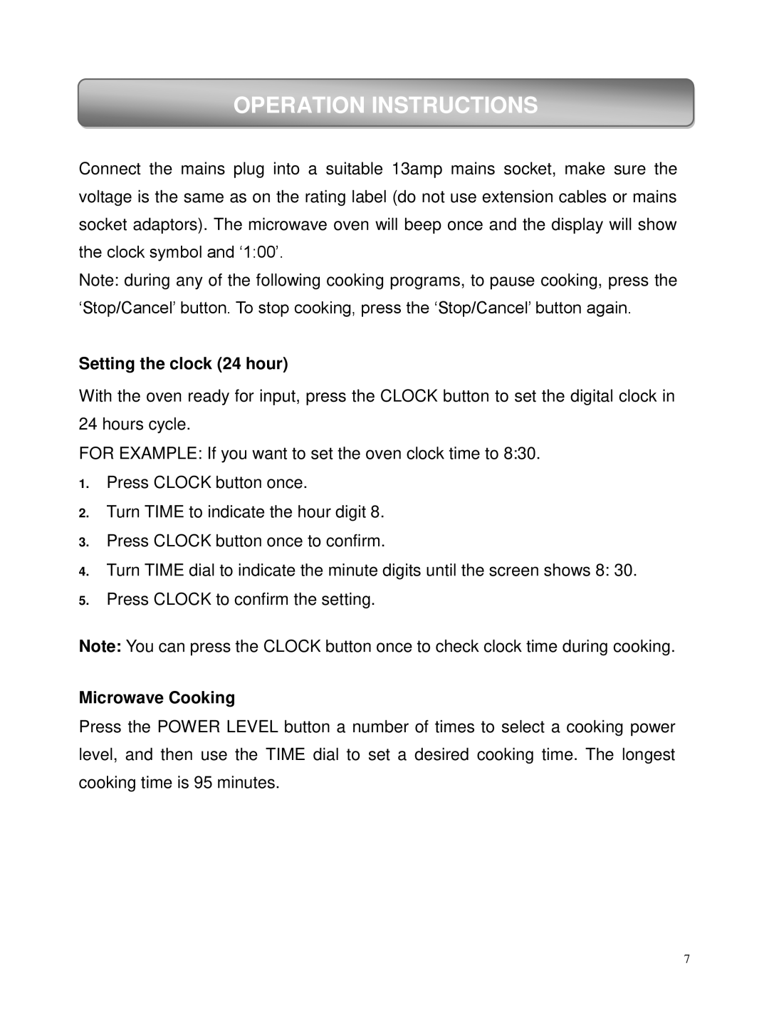 Russell Hobbs RHM2306 user manual Operation Instructions, Setting the clock 24 hour, Microwave Cooking 