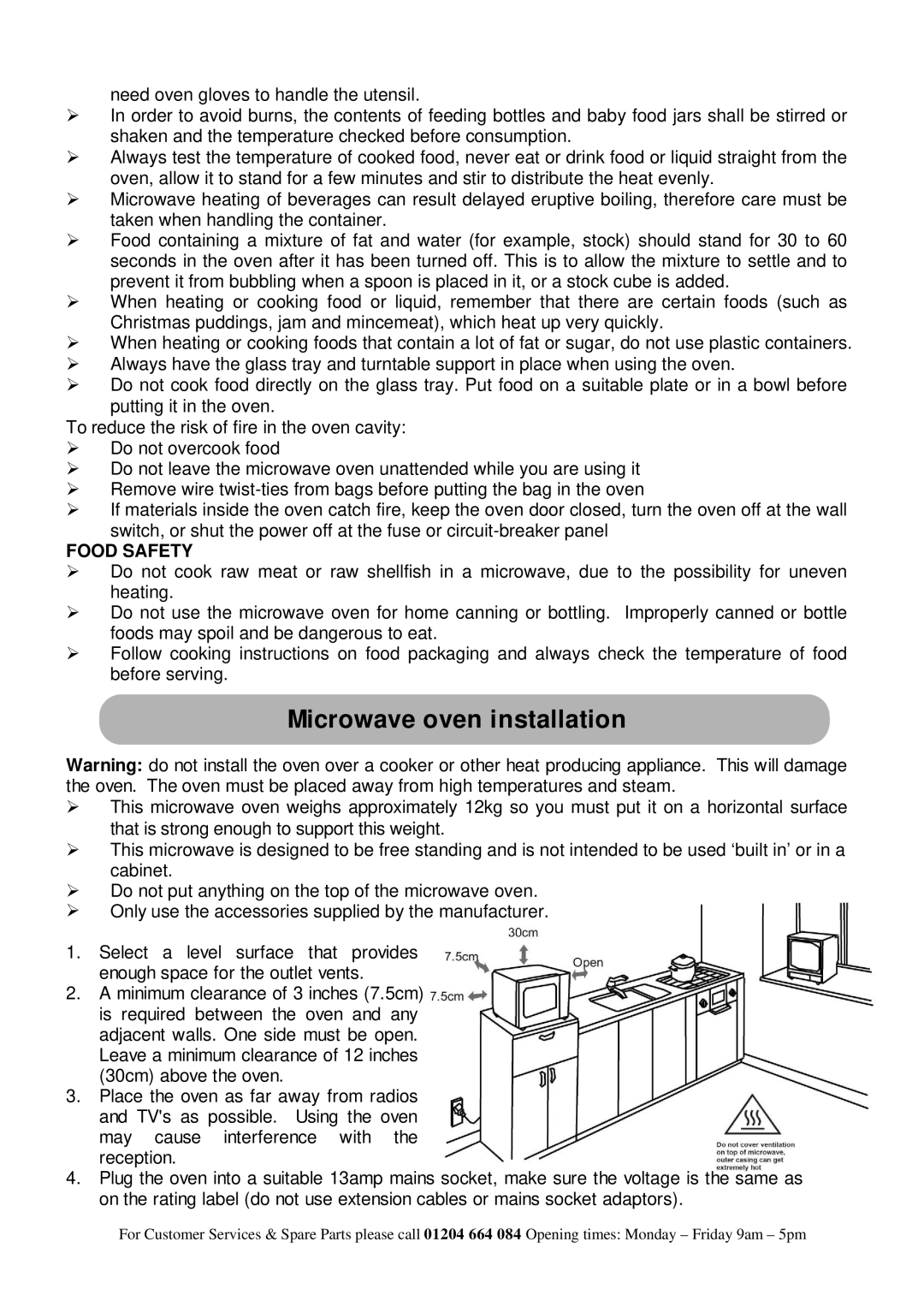 Russell Hobbs RHM2308 manual Microwave oven installation, Food Safety 