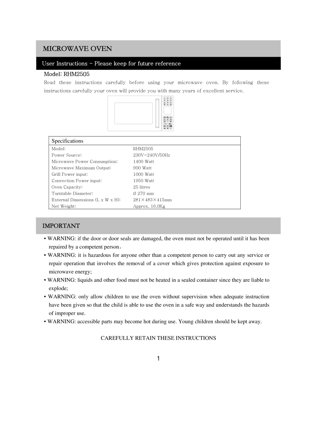 Russell Hobbs RHM2505 user manual Microwave Oven 