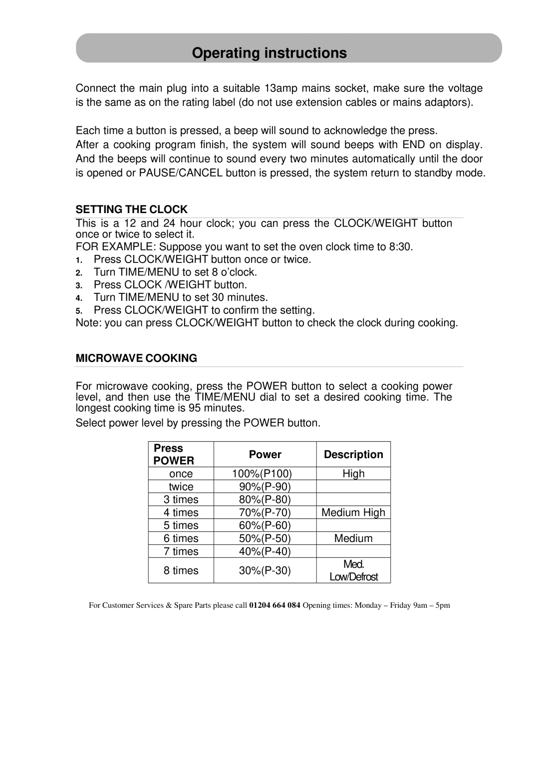 Russell Hobbs RHM2506 instruction manual Operating instructions, Setting the Clock, Microwave Cooking, Power 