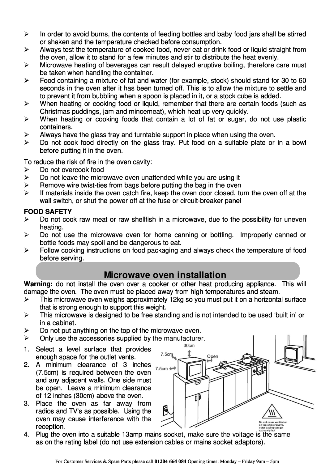 Russell Hobbs RHM2506 instruction manual Microwave oven installation, Food Safety 