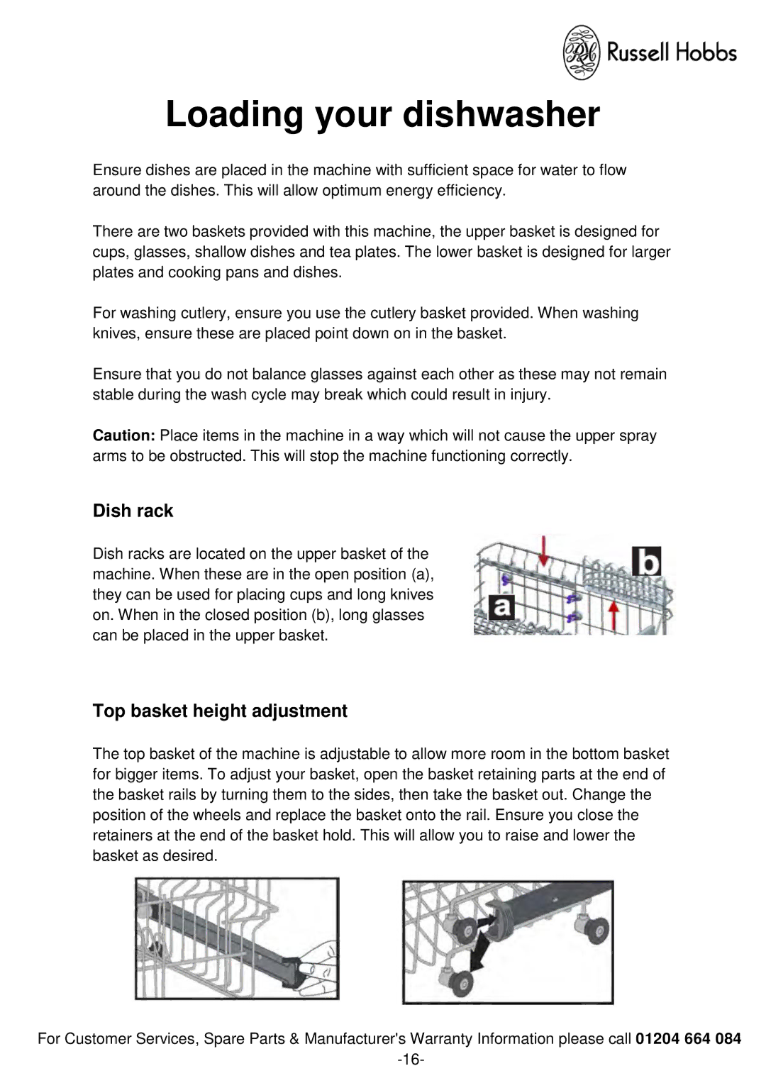 Russell Hobbs RHSLDW1 instruction manual Loading your dishwasher, Dish rack, Top basket height adjustment 