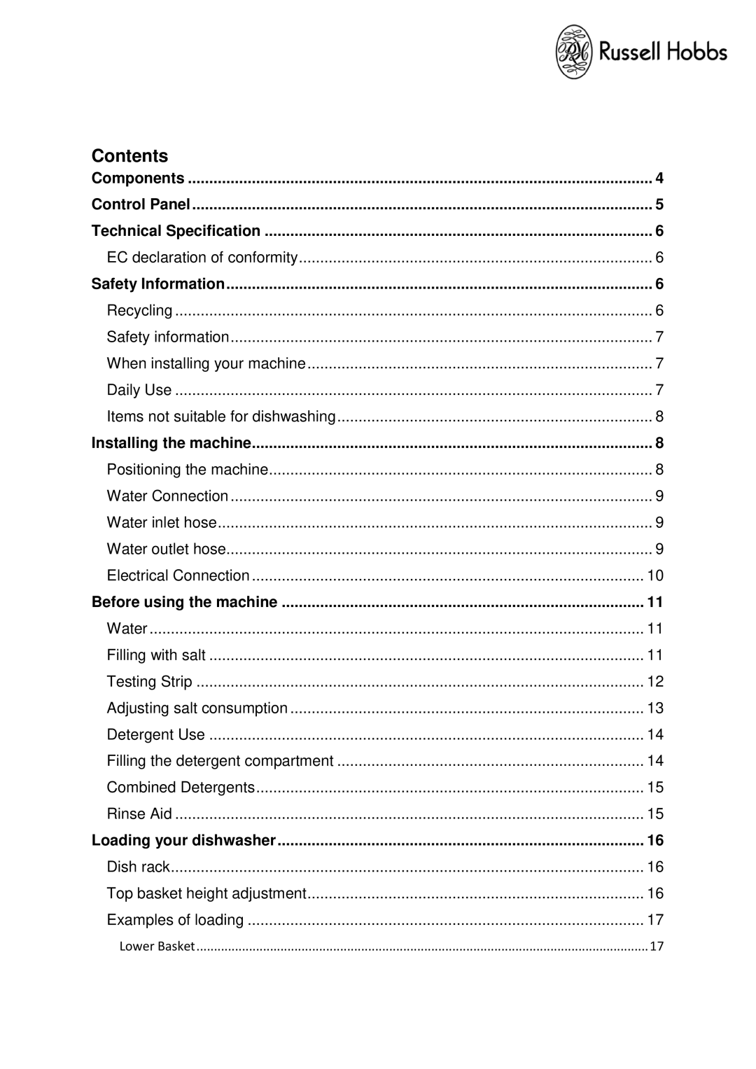 Russell Hobbs RHSLDW1 instruction manual Contents 