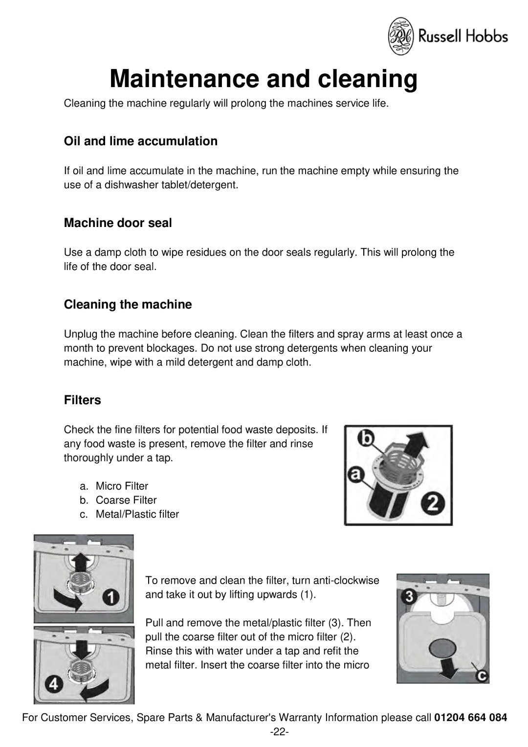 Russell Hobbs RHSLDW1 Maintenance and cleaning, Oil and lime accumulation, Machine door seal, Cleaning the machine 