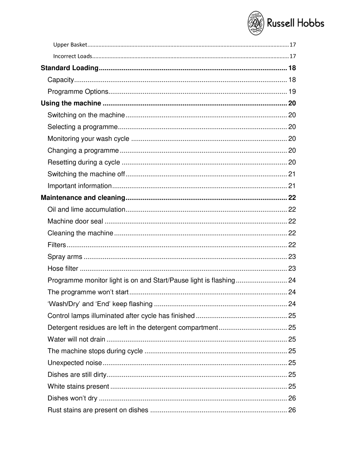 Russell Hobbs RHSLDW1 instruction manual Standard Loading 