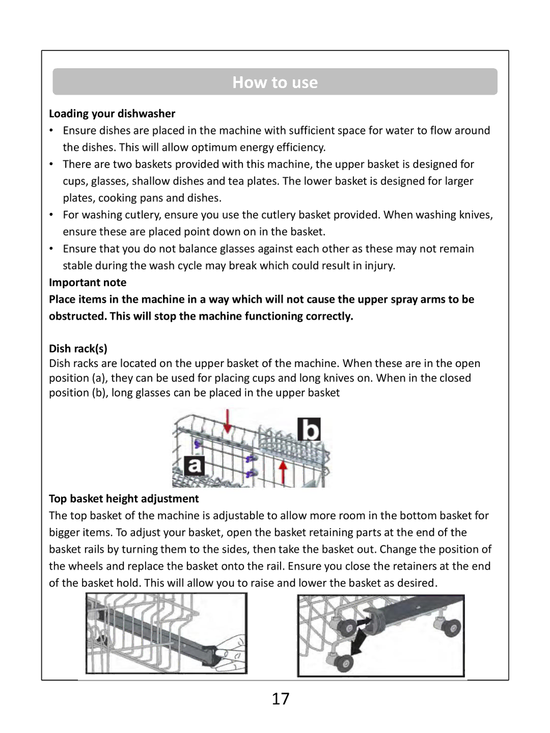 Russell Hobbs RHSLDW1B, RHSLDW1S, RHSLDW1G instruction manual Loading your dishwasher, Top basket height adjustment 