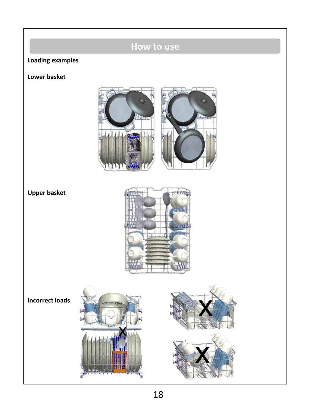 Russell Hobbs RHSLDW1S, RHSLDW1G, RHSLDW1B instruction manual Loading examples Lower basket Upper basket Incorrect loads 