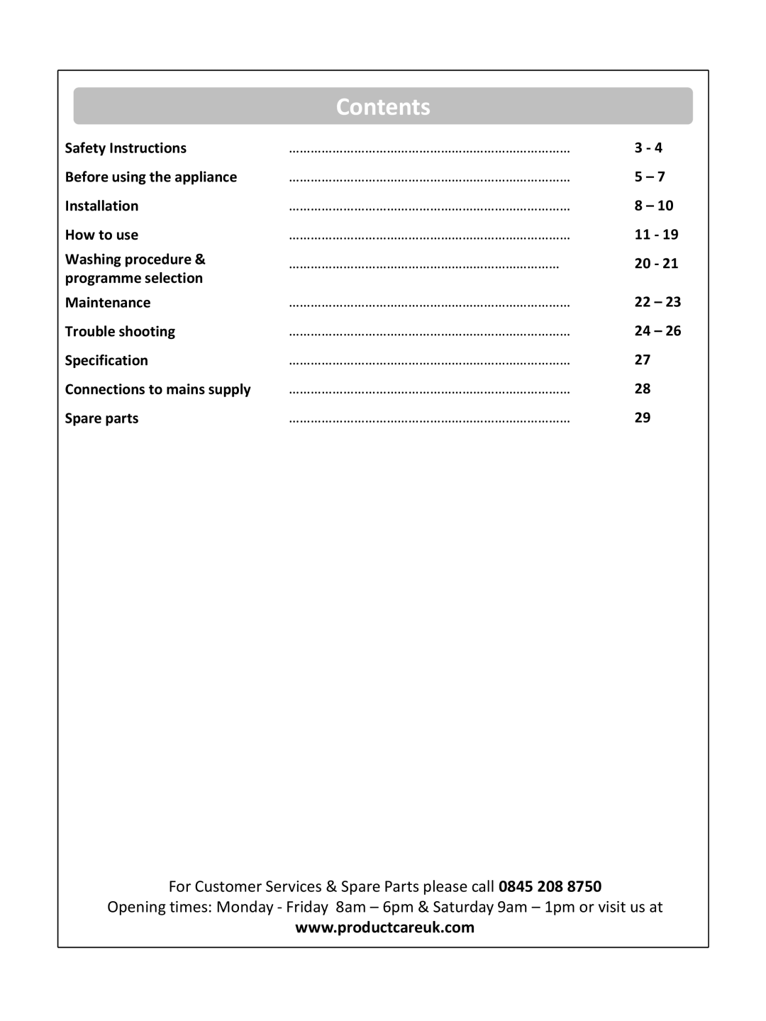 Russell Hobbs RHSLDW1B, RHSLDW1S, RHSLDW1G instruction manual Contents 