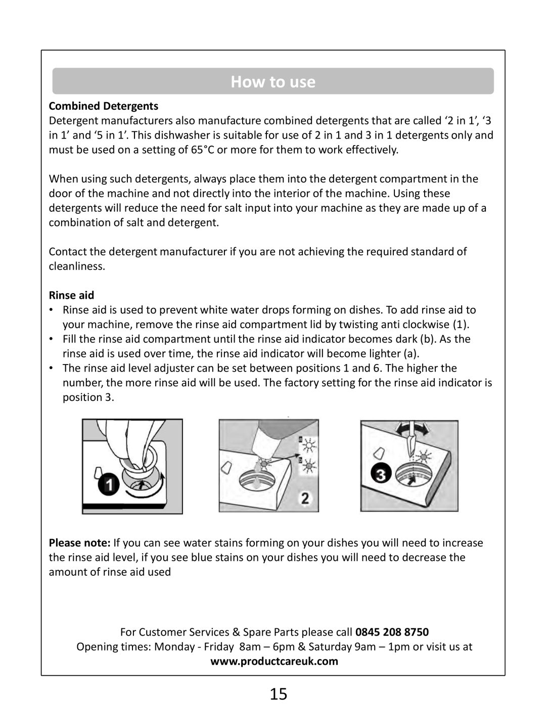 Russell Hobbs RHSLDW1S, RHSLDW1G, RHSLDW1B instruction manual How to use, Combined Detergents, Rinse aid 