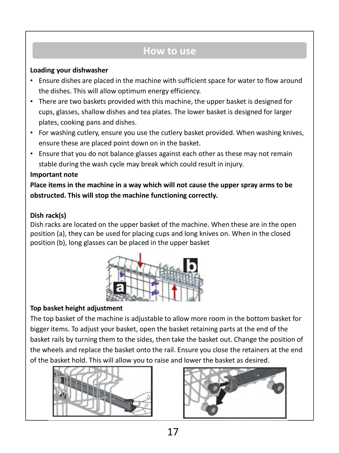 Russell Hobbs RHSLDW1B How to use, Loading your dishwasher, Important note, Dish racks, Top basket height adjustment 