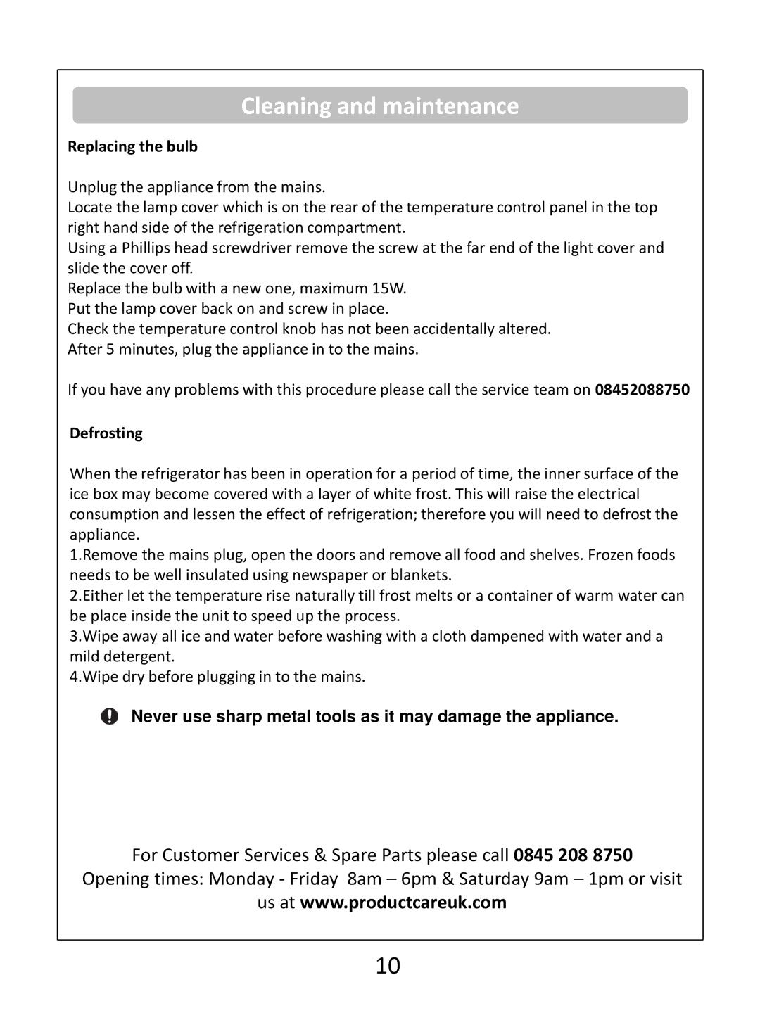 Russell Hobbs RHUCF55(B) instruction manual Cleaning and maintenance, Replacing the bulb, Defrosting 