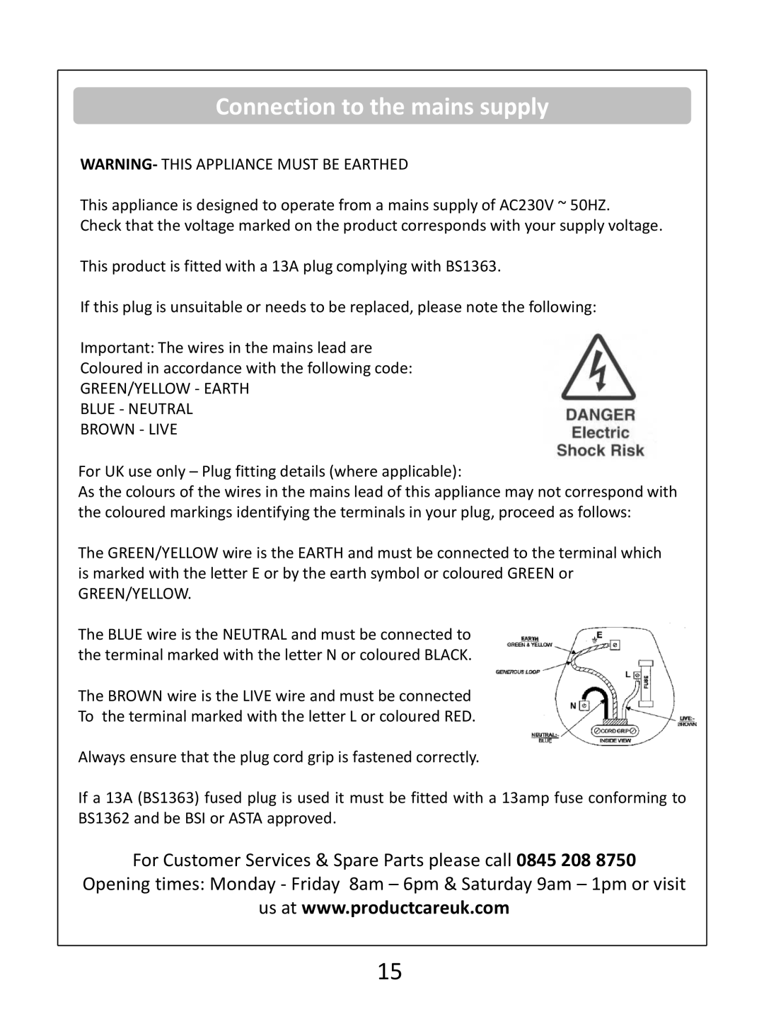 Russell Hobbs RHUCF55(B) instruction manual Connection to the mains supply, GREEN/YELLOW Earth Blue Neutral Brown Live 