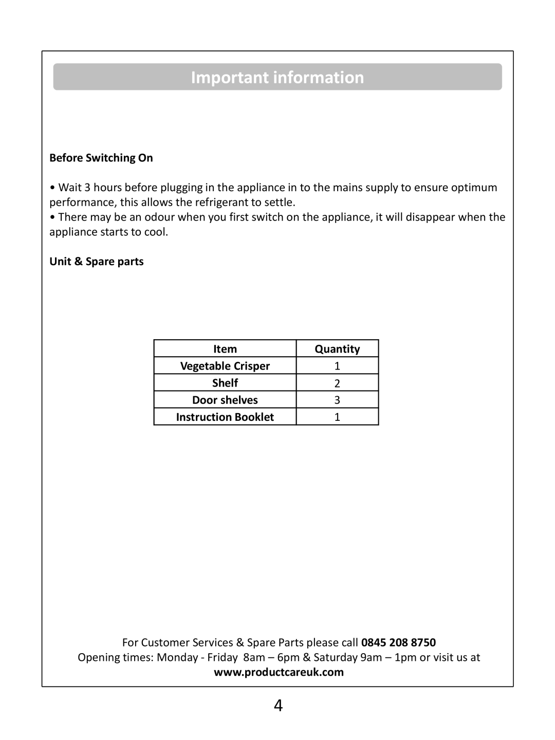 Russell Hobbs RHUCF55(B) instruction manual Important information, Before Switching On, Unit & Spare parts Quantity 