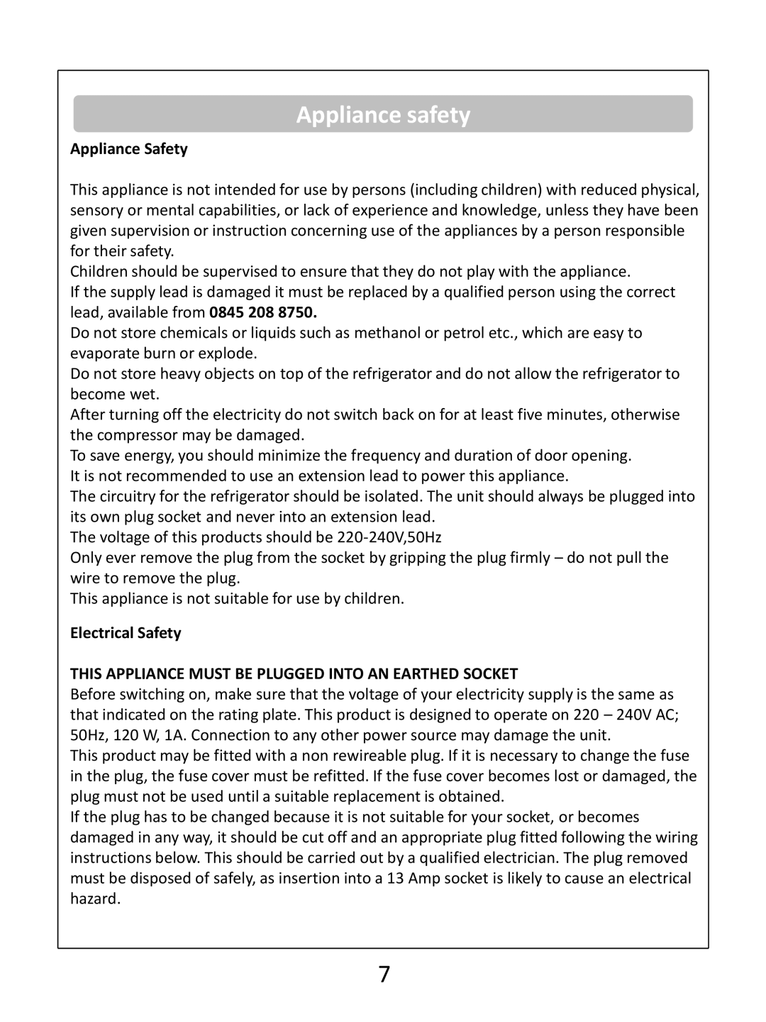 Russell Hobbs RHUCF55(B) instruction manual Appliance safety, Appliance Safety, Electrical Safety 