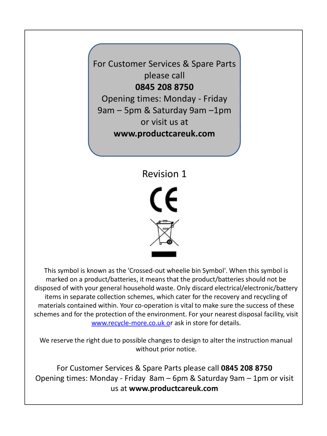 Russell Hobbs RHUCF55(B) instruction manual Revision, For Customer Services & Spare Parts please call, 0845 