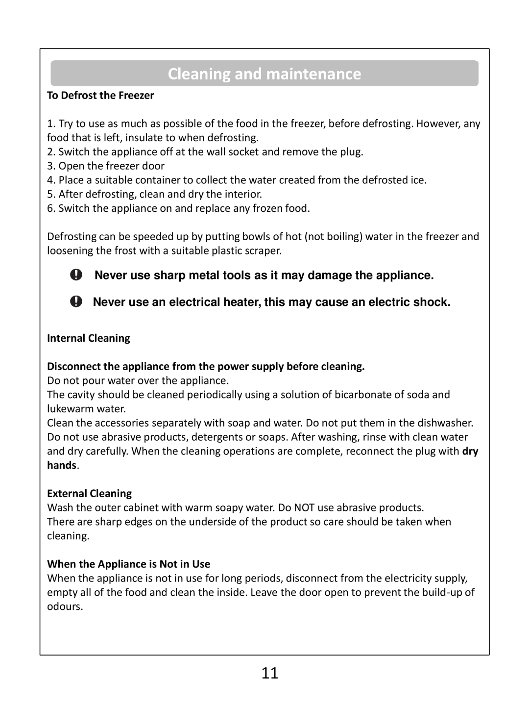 Russell Hobbs RHUCFF48(B) instruction manual Cleaning and maintenance, To Defrost the Freezer, External Cleaning 