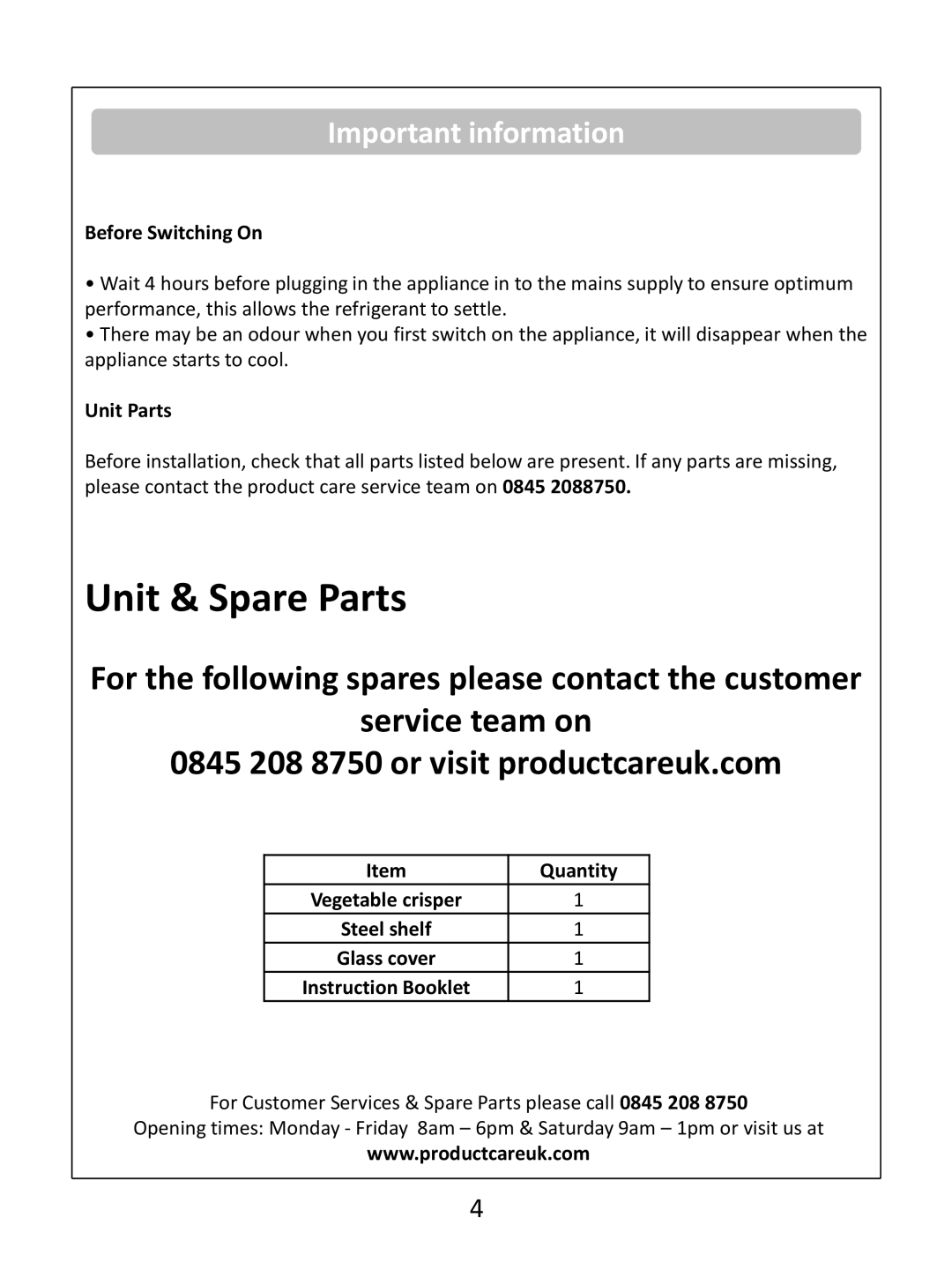 Russell Hobbs RHUCFF48(B) instruction manual Important information, Before Switching On, Unit Parts, Quantity 